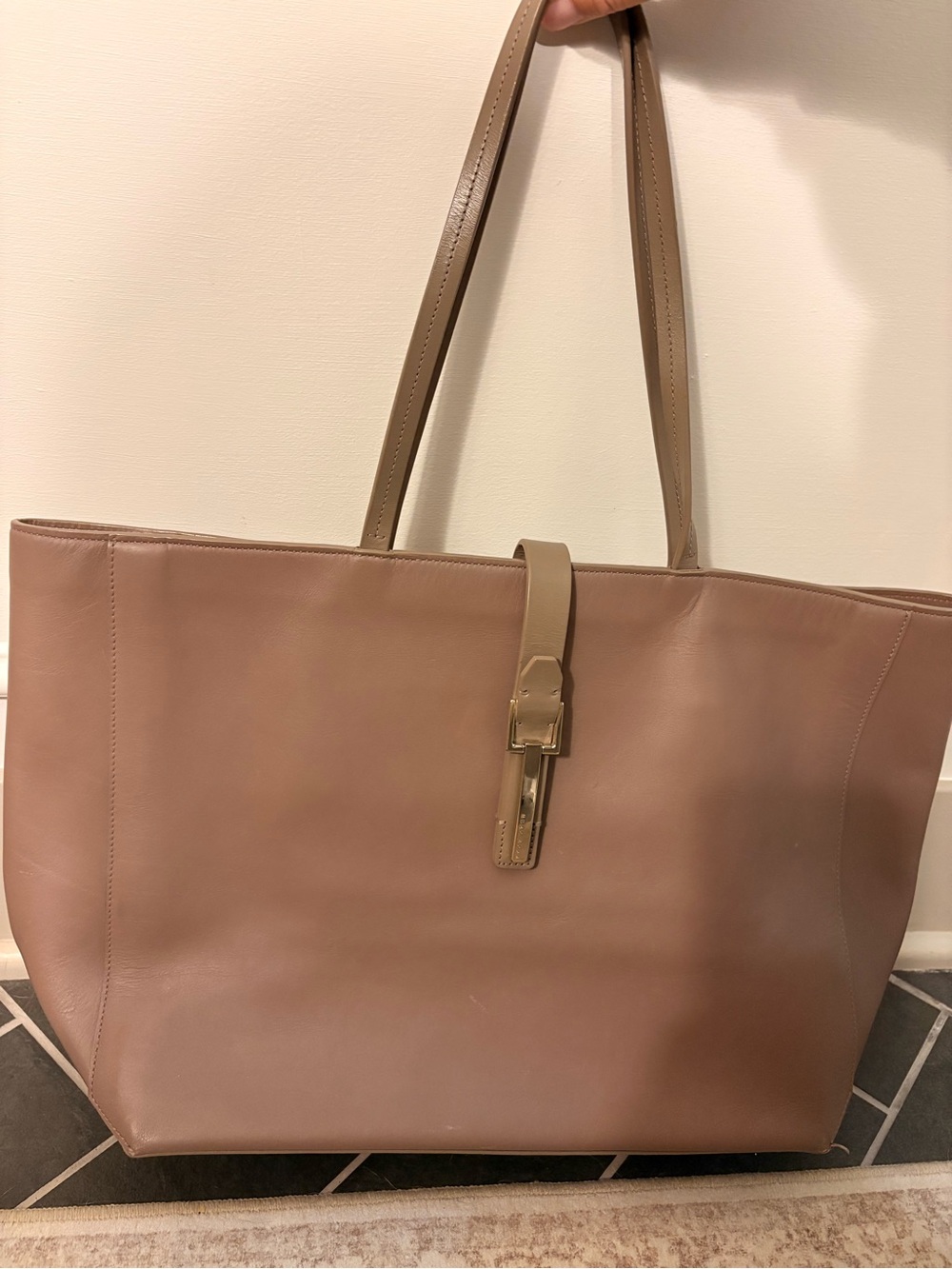 Hugo Boss Taupe Leather Tote with Gold Buckle